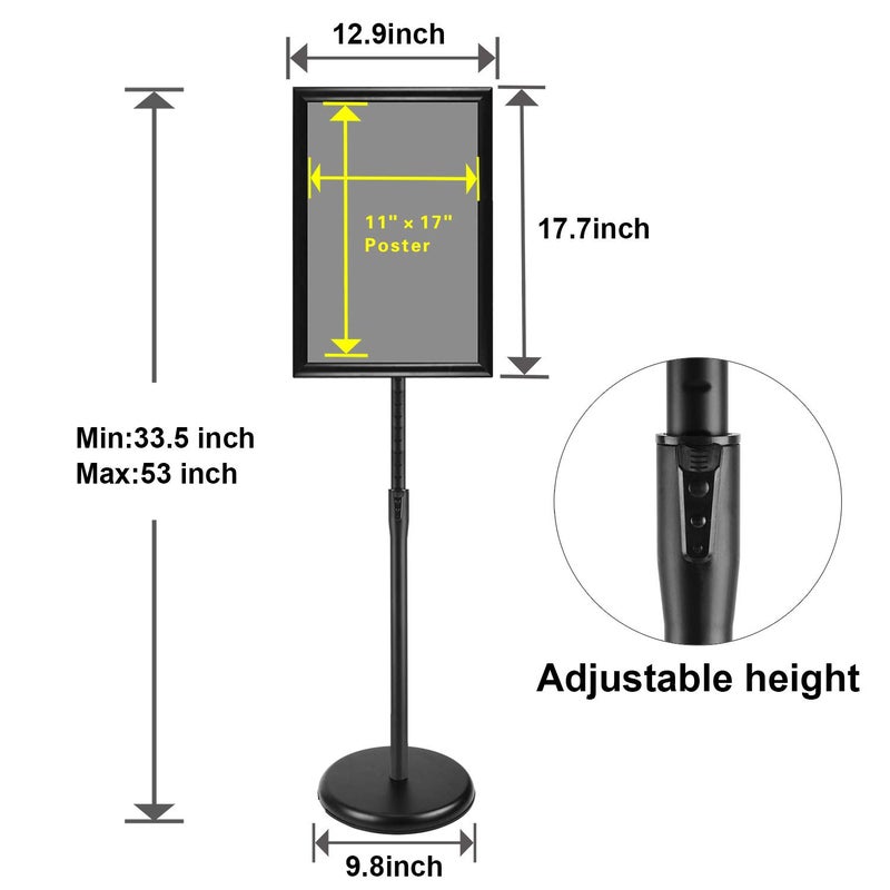 PUJIANG Pedestal Floor Standing Sign Holder 11x17 Inch, Adjustable Poster Sign Stand Aluminum Snap Open Frame for Display Notice/Poster/Advertisement (Black) - Image 4